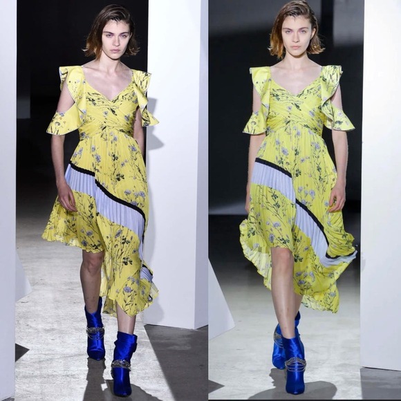 Self Portrait, NWT Yellow Floral Asymmetrical Midi Cocktail Dress, size 6 - Picture 2 of 16